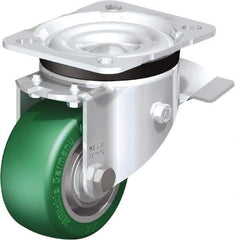 Blickle - 3" Diam x 1-9/16" Wide x 4-21/64" OAH Top Plate Mount Swivel Caster with Brake - Polyurethane-Elastomer Blickle Softhane, 506 Lb Capacity, Ball Bearing, 3-15/16 x 3-3/8" Plate - A1 Tooling