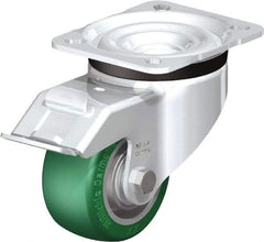 Blickle - 3" Diam x 1-9/16" Wide x 4-21/64" OAH Top Plate Mount Swivel Caster with Brake - Polyurethane-Elastomer Blickle Softhane, 506 Lb Capacity, Ball Bearing, 3-15/16 x 3-3/8" Plate - A1 Tooling