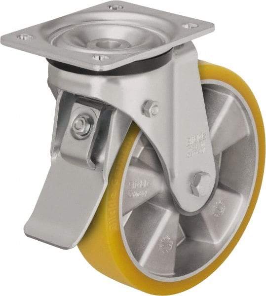 Blickle - 5" Diam x 1-9/16" Wide x 6-7/64" OAH Top Plate Mount Swivel Caster with Brake - Polyurethane-Elastomer Blickle Extrathane, 770 Lb Capacity, Ball Bearing, 5-1/2 x 4-3/8" Plate - A1 Tooling