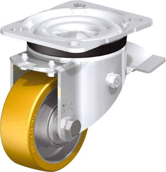 Blickle - 3" Diam x 1-11/64" Wide x 4-21/64" OAH Top Plate Mount Swivel Caster with Brake - Polyurethane-Elastomer Blickle Extrathane, 396 Lb Capacity, Ball Bearing, 3-15/16 x 3-3/8" Plate - A1 Tooling