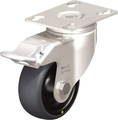 Blickle - 3" Diam x 1-1/4" Wide x 4-3/8" OAH Top Plate Mount Swivel Caster with Brake - Thermoplastic Rubber Elastomer (TPE), 143 Lb Capacity, Plain Bore Bearing, 3-9/16 x 2-5/8" Plate - A1 Tooling