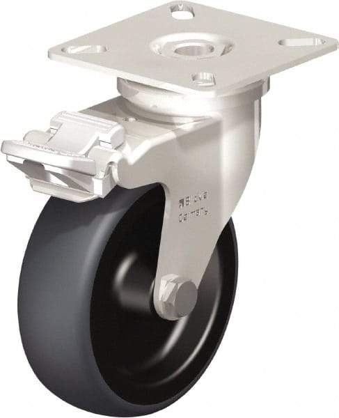 Blickle - 3" Diam x 63/64" Wide x 3-15/16" OAH Top Plate Mount Swivel Caster with Brake - Thermoplastic Rubber Elastomer (TPE), 165 Lb Capacity, Plain Bore Bearing, 2-3/8 x 2-3/8" Plate - A1 Tooling