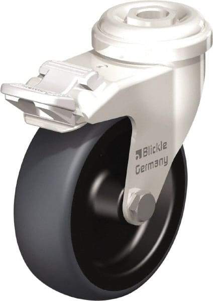 Blickle - 3" Diam x 63/64" Wide x 3-27/32" OAH Hollow Kingpin Mount Swivel Caster with Brake - Thermoplastic Rubber Elastomer (TPE), 165 Lb Capacity, Plain Bore Bearing, Hollow Kingpin Stem - A1 Tooling