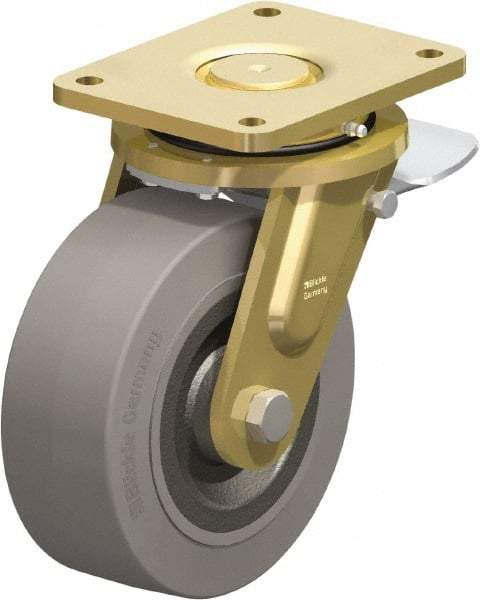 Blickle - 8" Diam x 3-9/64" Wide x 10-1/32" OAH Top Plate Mount Swivel Caster with Brake - Solid Rubber, 1,870 Lb Capacity, Ball Bearing, 6-7/8 x 5-1/2" Plate - A1 Tooling