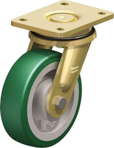 Blickle - 6-1/2" Diam x 1-31/32" Wide x 8-5/64" OAH Top Plate Mount Swivel Caster - Polyurethane-Elastomer Blickle Softhane, 1,320 Lb Capacity, Ball Bearing, 5-1/2 x 4-3/8" Plate - A1 Tooling