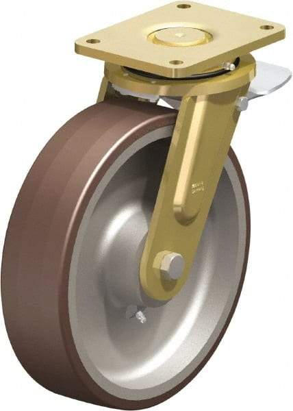 Blickle - 12" Diam x 3-9/64" Wide x 13-31/32" OAH Top Plate Mount Swivel Caster with Brake - Polyurethane-Elastomer Blickle Besthane, 5,280 Lb Capacity, Ball Bearing, 6-7/8 x 5-1/2" Plate - A1 Tooling