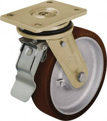 Blickle - 10" Diam x 2-23/64" Wide x 12" OAH Top Plate Mount Swivel Caster with Brake - Polyurethane-Elastomer Blickle Besthane, 3,300 Lb Capacity, Ball Bearing, 6-7/8 x 5-1/2" Plate - A1 Tooling