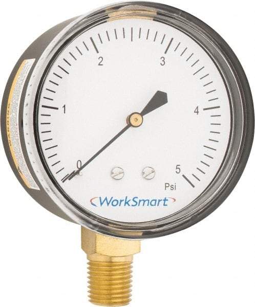 Value Collection - 2-1/2" Dial, 1/4 Thread, 0-5 Scale Range, Pressure Gauge - Lower Connection Mount, Accurate to 1.5% of Scale - A1 Tooling