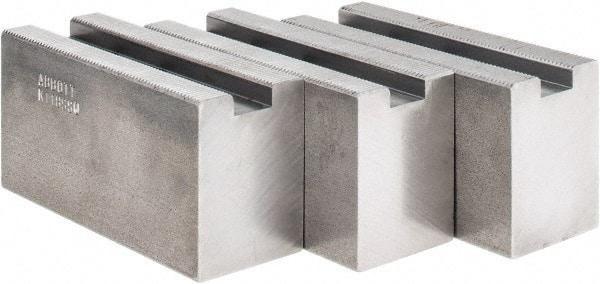 Abbott Workholding Products - 1.5mm x 60° Serrated Attachment, Square Soft Lathe Chuck Jaw - 3 Jaws, Steel, 63/64" Btw Mount Hole Ctrs, 4" Long x 1-1/2" Wide x 2" High, 0.5512" Groove, 0.4724" & 12mm Fastener - A1 Tooling