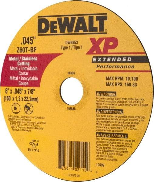 DeWALT - 6" 60 Grit Zirconia Alumina Cutoff Wheel - 0.045" Thick, 7/8" Arbor, 10,100 Max RPM, Use with Circular Saws - A1 Tooling