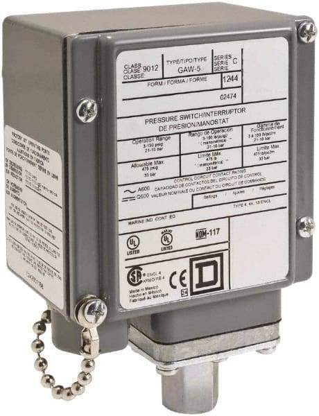 Square D - 4, 13 and 4X NEMA Rated, SPDT, 90 to 2,900 psi, Electromechanical Pressure and Level Switch - Fixed Pressure, 120 VAC at 6 Amp, 125 VDC at 0.22 Amp, 240 VAC at 3 Amp, 250 VDC at 0.27 Amp, 1/4 Inch Connector, Screw Terminal, For Use with 9012G - A1 Tooling