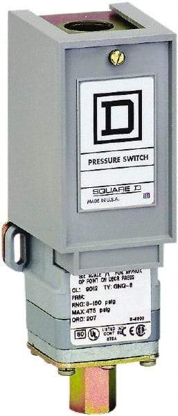 Square D - 1 NEMA Rated, SPDT, 3 to 150 psi, Electromechanical Pressure and Level Switch - Fixed Pressure, 120 VAC at 6 Amp, 125 VDC at 0.22 Amp, 240 VAC at 3 Amp, 250 VDC at 0.27 Amp, 1/4 Inch Connector, Screw Terminal, For Use with 9012G - A1 Tooling