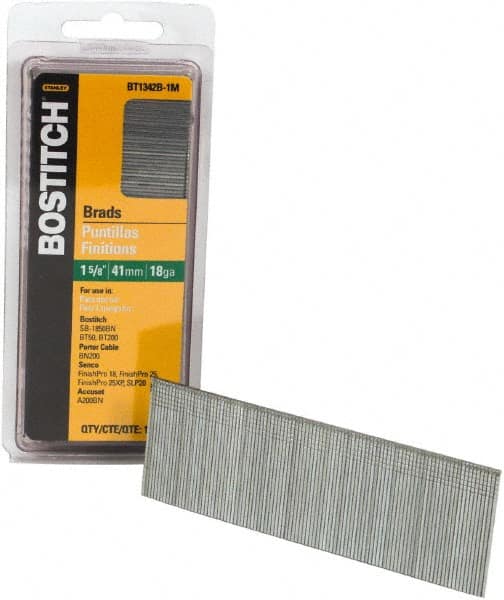 Stanley Bostitch - 18 Gauge 0.05" Shank Diam 1-5/8" Long Brad Nails for Power Nailers - Steel, Bright Finish, Ring Shank, Straight Stick Adhesive Collation, Brad Head, Chisel Point - A1 Tooling