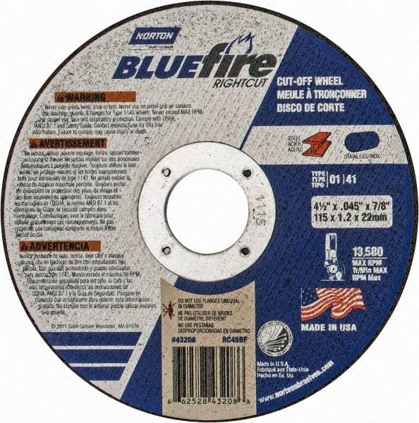 Norton - 4-1/2" 36 Grit Zirconia Alumina Cutoff Wheel - 1/16" Thick, 7/8" Arbor, 13,580 Max RPM, Use with Angle Grinders - A1 Tooling