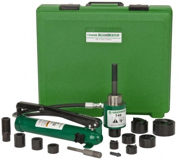 Greenlee - 17 Piece, 2" Punch Hole Diam, Hydraulic Knockout Set - Round Punch, 10 Gage Mild Steel - A1 Tooling