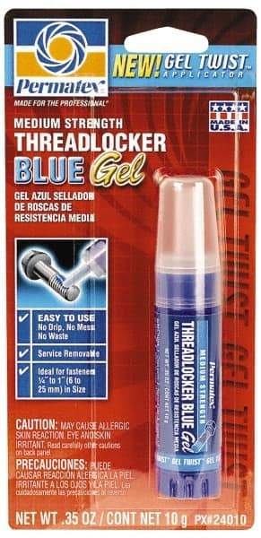 Permatex - 10 Gal Tube, Blue, Medium Strength Gel Threadlocker - Series 240, 24 hr Full Cure Time, Hand Tool Removal - A1 Tooling