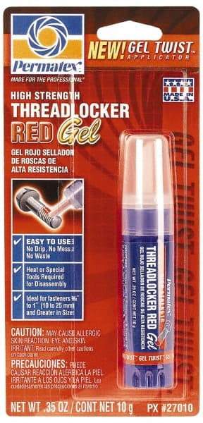 Permatex - 10 Gal Tube, Red, High Strength Gel Threadlocker - Series 270, 24 hr Full Cure Time, Hand Tool, Heat Removal - A1 Tooling