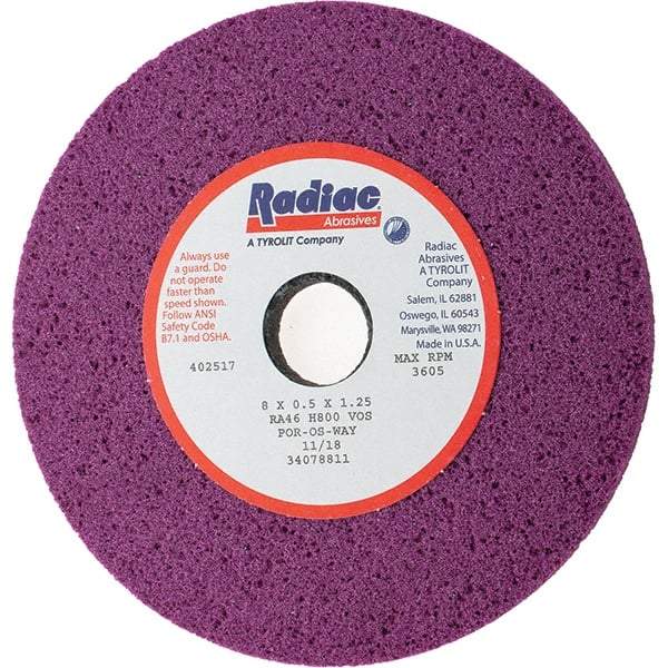 Radiac Abrasives - 8" Diam x 1-1/4" Hole x 1/2" Thick, H Hardness, 46 Grit Surface Grinding Wheel - Aluminum Oxide, Type 1, Coarse Grade, 3,600 Max RPM, Vitrified Bond, No Recess - A1 Tooling