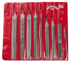 Nicholson - 9 Piece American Pattern File Set - 6", 8", 10" Long, Bastard/Smooth Coarseness, Set Includes Flat, Half Round, Mill, Round, Slim Taper - A1 Tooling