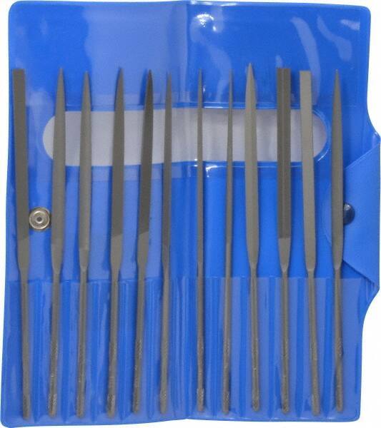 Nicholson - 12 Piece Swiss Pattern File Set - 5-1/2" Long, 2 Coarseness, Round Handle, Set Includes Barrette, Crossing, Equalling, Flat, Half Round, Knife, Round, Slitting, Square, Three Square - A1 Tooling