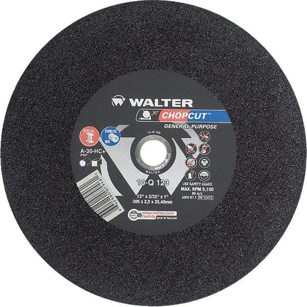 WALTER Surface Technologies - 12" 30 Grit Aluminum Oxide Cutoff Wheel - 3/32" Thick, 1" Arbor, 5,100 Max RPM, Use with Chop Saws - A1 Tooling