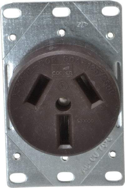 Cooper Wiring Devices - 125/250 VAC, 50 Amp, 10-50R NEMA Configuration, Brown, Specification Grade, Ungrounded Single Receptacle - 1 Phase, 3 Poles, 3 Wire, Flush Mount, Corrosion Resistant - A1 Tooling