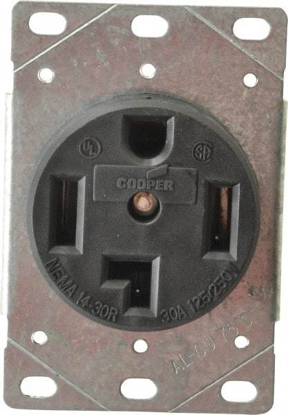 Cooper Wiring Devices - 125/250 VAC, 30 Amp, 14-30R NEMA Configuration, Black, Specification Grade, Ungrounded Single Receptacle - 1 Phase, 3 Poles, 3 Wire, Flush Mount, Corrosion Resistant - A1 Tooling