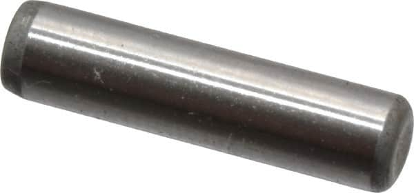 Made in USA - 1/8" Diam x 1/2" Pin Length Grade 8 Alloy Steel Standard Dowel Pin - Bright Finish, C 47-58 & C 60 (Surface) Hardness, 1,840 Lb (Single Shear), 3,680 Lb (Double Shear) Breaking Strength, 1 Beveled & 1 Rounded End - A1 Tooling