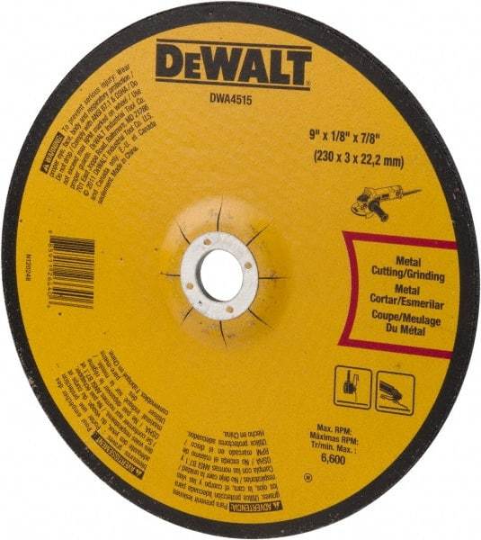 DeWALT - 24 Grit, 9" Wheel Diam, 1/8" Wheel Thickness, 7/8" Arbor Hole, Type 27 Depressed Center Wheel - Aluminum Oxide, Diamond Matrix Bond, 6,600 Max RPM, Compatible with Angle Grinder - A1 Tooling