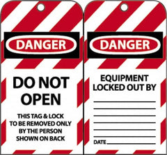 NMC - 3" High x 6" Long, DANGER - DO NOT OPEN - THIS TAG & LOCK TO BE REMOVED ONLY BY THE PERSON SHOWN ON BACK, English Safety & Facility Lockout Tag - Tag Header: Danger, 2 Sides, Black, Red & White Unrippable Vinyl - A1 Tooling