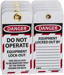 NMC - 3" High x 6" Long, DANGER - DO NOT OPERATE - EQUIPMENT LOCK-OUT - THIS TAG & LOCK TO BE REMOVED ONLY BY THE PERSON SHOWN ON BACK, English Safety & Facility Lockout Tag - Tag Header: Danger, 2 Sides, Black, Red & White Unrippable Vinyl - A1 Tooling