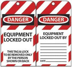 NMC - 3" High x 6" Long, DANGER - EQUIPMENT LOCKED OUT - THIS TAG & LOCK TO BE REMOVED ONLY BY THE PERSON SHOWN ON BACK, English Safety & Facility Lockout Tag - Tag Header: Danger, 2 Sides, Black, Red & White Unrippable Vinyl - A1 Tooling