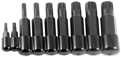 9 Piece - 4 and 5mm Bit have 5/16" Hex Drive - 6; 8; 10 and 12mm Bit have 1/2" Hex Drive - 14 and 16mm Bit have 5/8" Hex Drive - 18mm Bit has a 3/4" Hex Drive - 12 Point - Triple Square Bit Set - A1 Tooling