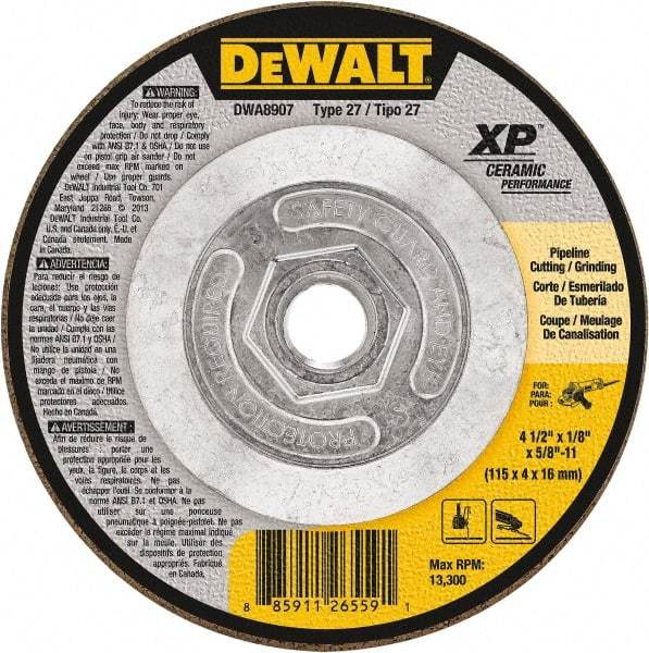 DeWALT - 24 Grit, 4-1/2" Wheel Diam, Type 27 Depressed Center Wheel - Coarse/Medium Grade, Ceramic, N Hardness, 13,300 Max RPM - A1 Tooling