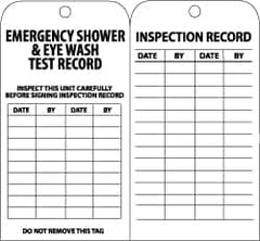 NMC - 3" High x 6" Long, EMERGENCY SHOWER & EYE WASH TEST RECORD, English Safety & Facility Inspection Tag - Tag Header: Notice, 2 Sides, Black & White Paper - A1 Tooling