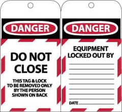 NMC - 3" High x 6" Long, DANGER - DO NOT CLOSE - THIS TAG & LOCK TO BE REMOVED ONLY BY THE PERSON SHOWN ON BACK, English Safety & Facility Lockout Tag - Tag Header: Danger, 2 Sides, Black, Red & White Synthetic Paper - A1 Tooling