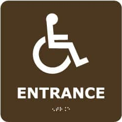 NMC - Entrance, 8" Wide x 8" High, Plastic Sign - English, Braille, White on Brown, Wall Mount - A1 Tooling