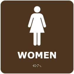 NMC - Women, 8" Wide x 8" High, Plastic Sign - English, Braille, White on Brown, Wall Mount - A1 Tooling