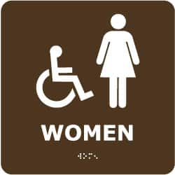 NMC - Women, 8" Wide x 8" High, Plastic Sign - English, Braille, White on Brown, Wall Mount - A1 Tooling