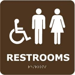 NMC - Restrooms, 8" Wide x 8" High, Plastic Sign - English, Braille, White on Brown, Wall Mount - A1 Tooling