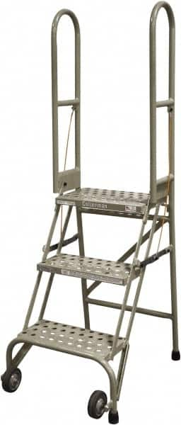 Cotterman - 60" 3 Step Rolling Warehouse Ladder - Portable Folding Safety Ladder, 350 Lb Capacity, 30" Platform Height, 21" Base Width x 28" Base Depth, Perforated Tread - A1 Tooling