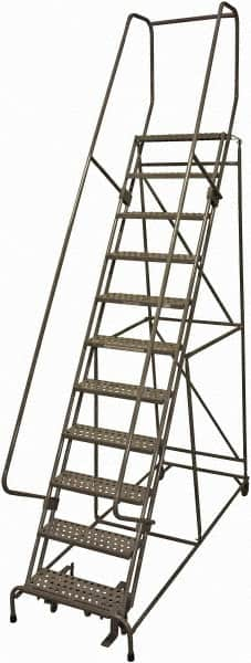 Cotterman - 140" 11 Step Rolling Warehouse Ladder - 50° Incline, 450 Lb Capacity, 110" Platform Height, 34" Base Width x 106" Base Depth, Perforated Tread - A1 Tooling