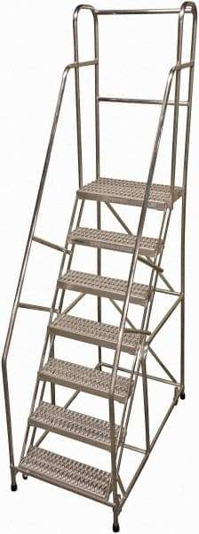 Cotterman - 100" 7 Step Rolling Warehouse Ladder - Rolling Safety Ladder, 350 Lb Capacity, 70" Platform Height, 30" Base Width x 57" Base Depth, Serrated - A1 Tooling