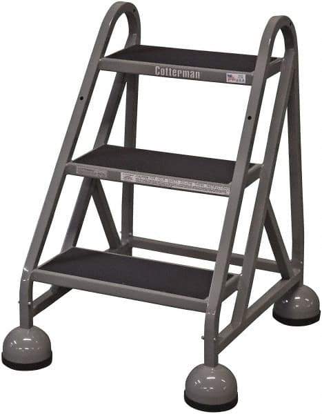 Cotterman - 33" 3 Step Rolling Warehouse Ladder - Rolling Steel Office Ladder, 450 Lb Capacity, 27" Platform Height, 25" Base Width x 28" Base Depth, Rubber Matted - A1 Tooling