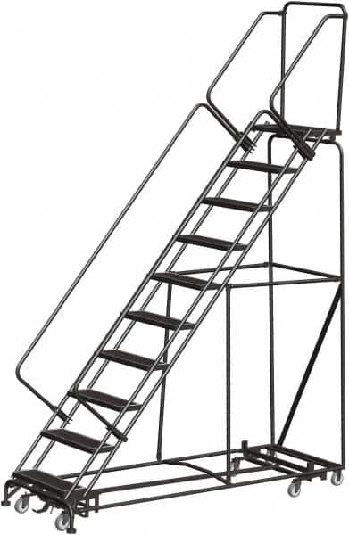 Ballymore - 133" 10 Step Rolling Warehouse Ladder - Lock Step Rolling Safety Ladder, 450 Lb Capacity, 100" Platform Height, 32" Base Width x 90" Base Depth, Perforated Tread - A1 Tooling