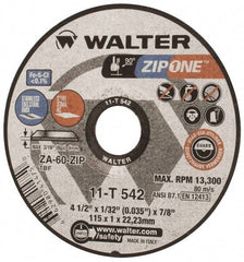 WALTER Surface Technologies - 4-1/2" Aluminum Oxide/Silicon Carbide Blend Cutoff Wheel - 1/32" Thick, 7/8" Arbor, 13,300 Max RPM, Use with Angle Grinders - A1 Tooling