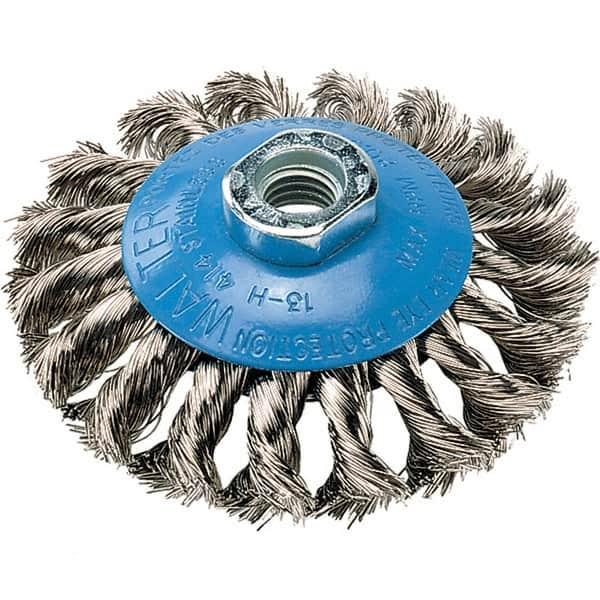 WALTER Surface Technologies - 4" Diam, 5/8-11 Threaded Arbor, Stainless Steel Fill Cup Brush - 0.015 Wire Diam, 20,000 Max RPM - A1 Tooling