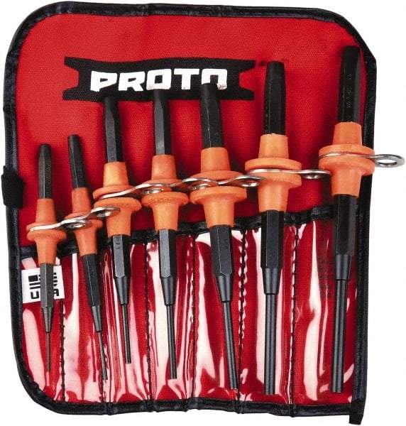 Proto - 7 Piece, 1/16 to 1/4", Tethered Pin Punch Set - Straight Shank, Comes in Nylon Roll - A1 Tooling