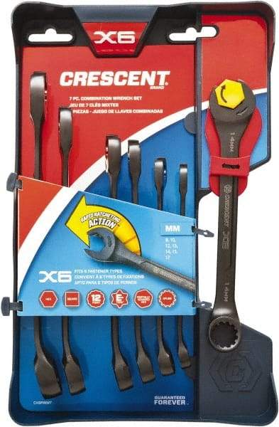 Crescent - 7 Piece, 8mm to 17mm, 12 Point Ratcheting Combination Wrench Set - Metric Measurement Standard, Black Finish, Comes in Caddy - A1 Tooling