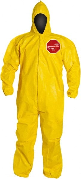 Disposable Coveralls: Size X-Large, 2.5 oz, Storm Flap Closure Yellow, Bias Bound Seam, Elastic Cuff, Elastic Ankle